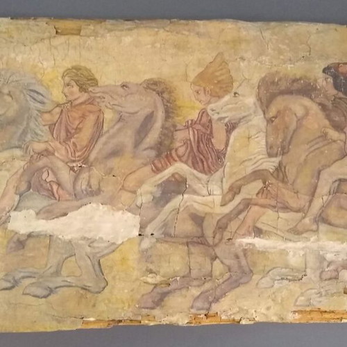 Fresko painting on aged wood like new with ancient Greek theme