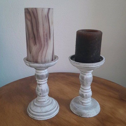Wooden candlesticks with candles used, set of 2 pieces
