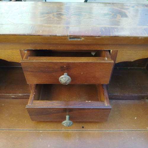 French Secretary Desk used, solid wood with marquetry and brass handles