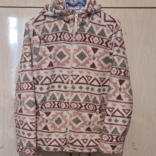 Janina fleece jacket women with pockets and hood like new, white pink size M