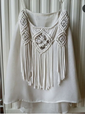 Boho blouse with fringes and embroidery like new, white, size S
