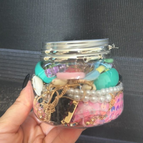 Jar with accessories like new, stainless steel jewelry with pearls