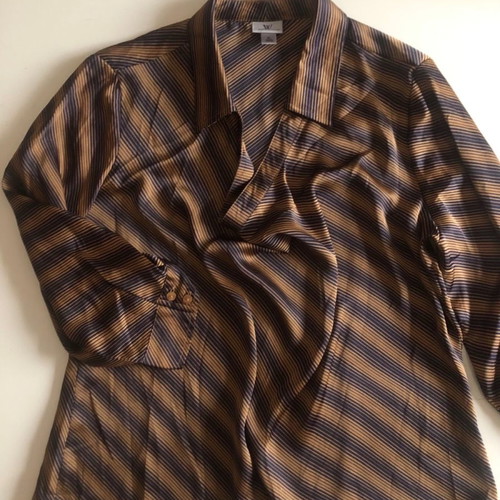 Satin blouse XL used, brown, with drape and shirt collar