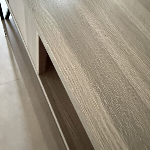 Console table like new, gray-beige wood texture with black metal base