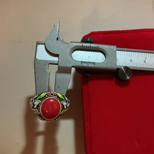 Vintage Tibetan style 925 sterling silver enamel ring with red coral paste cabochon, like new