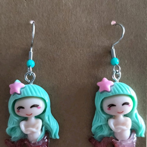 Handmade children's earrings mermaid theme multicolor new, set of 6