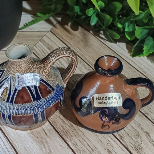 Merkelbach German collector's miniature jugs set of 2, hand-crafted salt glaze