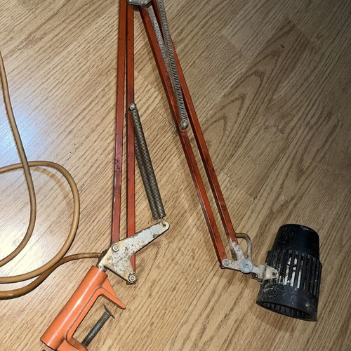 Vintage orange desk lamp with clamp, used, 1950-70s