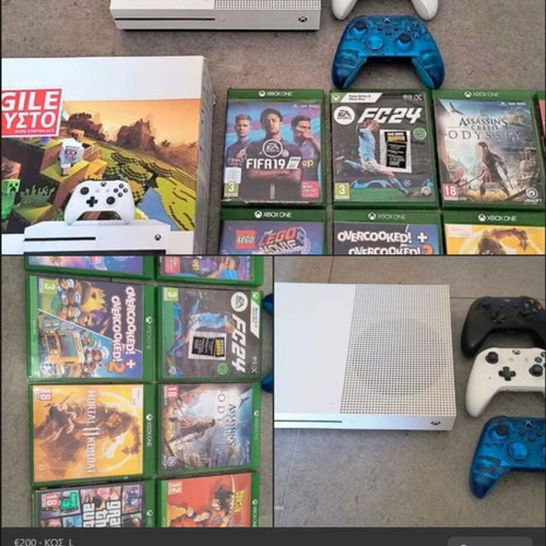 Xbox One S console like new with 3 controllers and games