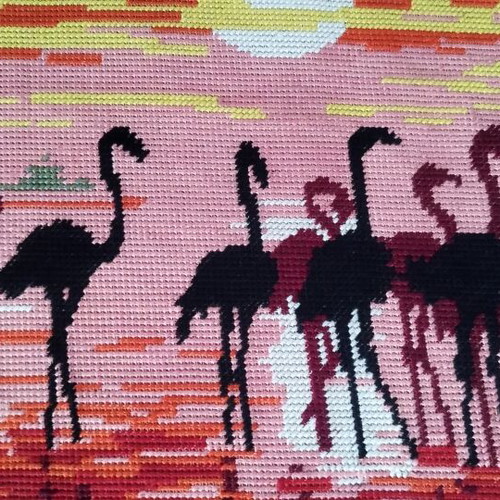 Handmade embroidery flamingo at sunset textile panel like new