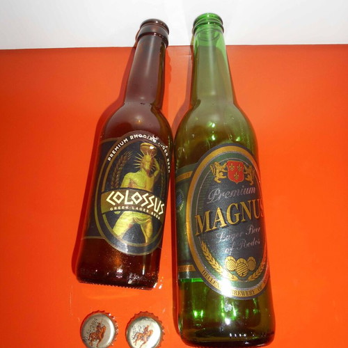 Colossus and Magnus beer bottles and caps used, set of 2 from Rhodian Brewery