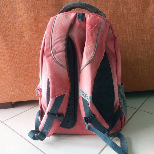 Polo backpack like new, pink multicolor with cushions and waist strap