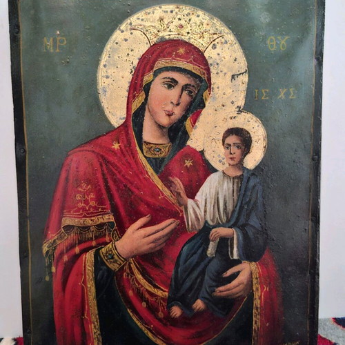 Icon of Theotokos with Christ Child used, oil on metal surface 1921