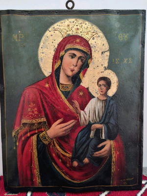 Icon of Theotokos with Christ Child used, oil on metal surface 1921