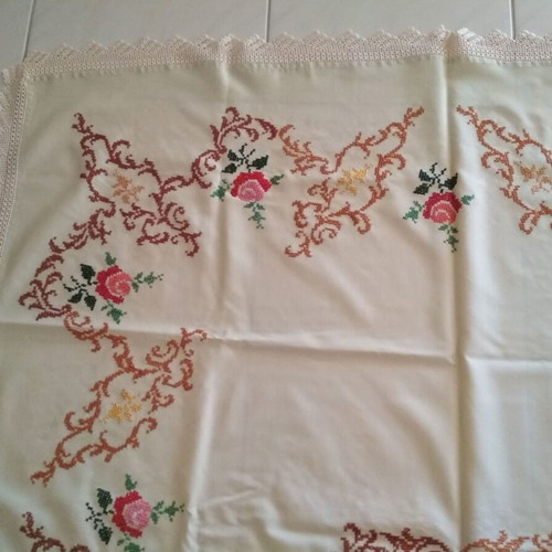 Embroidered handmade tablecloth used, beige with rose design