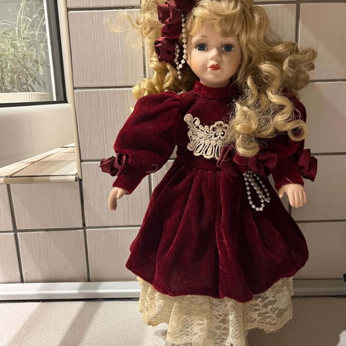 Porcelain doll Victorian style with burgundy velvet dress like new