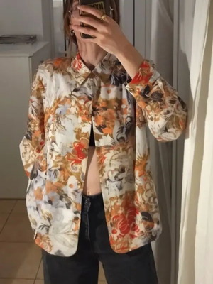 Autumn Bloom shirt like new, beige with orange floral, size L