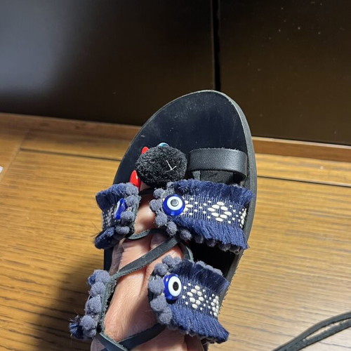 Handmade leather sandals with tassels and evil eyes, like new, size 36, blue