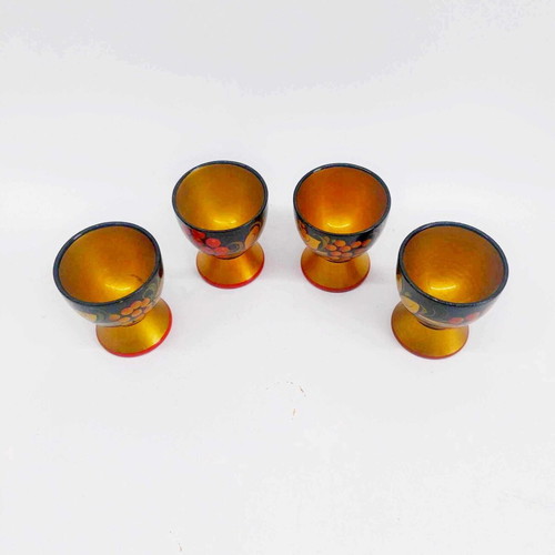 Vintage Russian Khokhloma Egg Cups Set of 4, Handpainted Wood