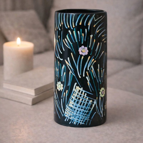 Decorative vase black with artistic painted design like new