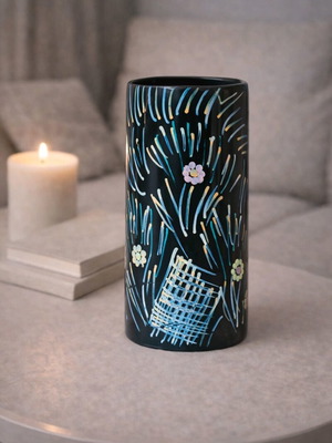 Decorative vase black with artistic painted design like new