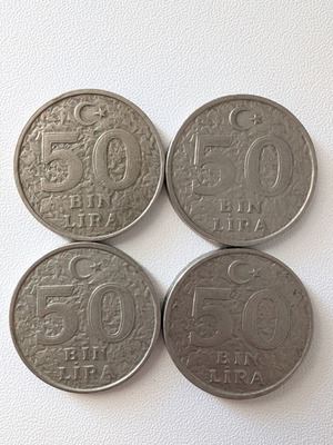 Turkish 50,000 Lira coins used, set of 4 (1996-1999)