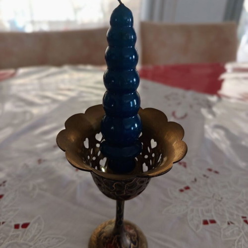 Vintage metal candlestick "Glass" with hearts and embossed motifs 14cm like new