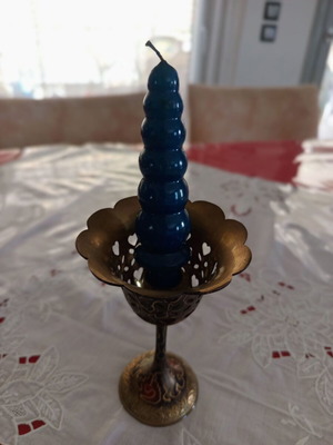 Vintage metal candlestick "Glass" with hearts and embossed motifs 14cm like new