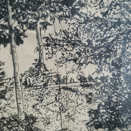 Ink drawing framed art vintage author's signed used