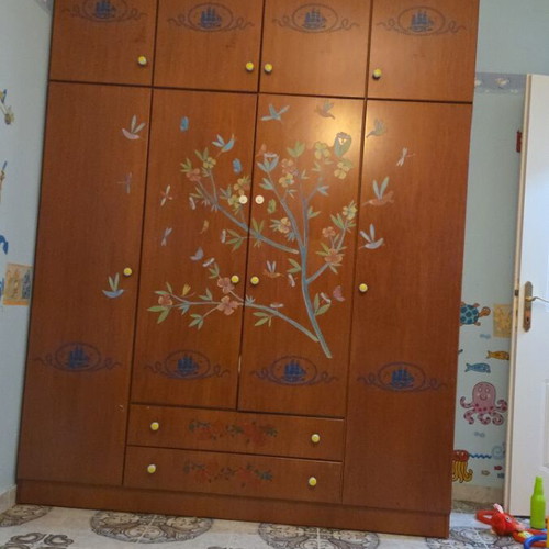 Cherry wood 4-door double-decker wardrobe with 2 drawers