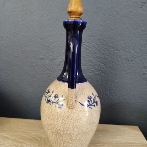 Vintage ceramic jug carafe used, blue-beige with wooden stopper
