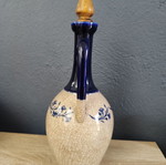 Vintage ceramic jug carafe used, blue-beige with wooden stopper