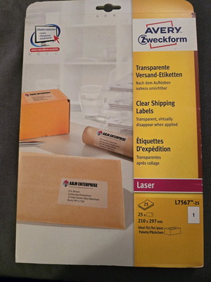 Avery Zweckform L7567-25 clear shipping labels new, 25 A4 sheets