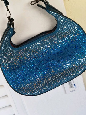 Petrol shoulder bag with rhinestones and adjustable strap, new