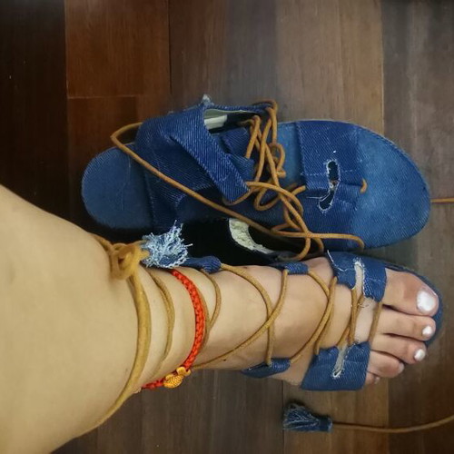 Denim platform sandals used, 5 cm heel height, blue