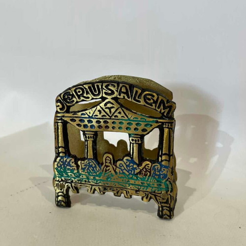 Vintage brass napkin holder with The Last Supper enamel design used