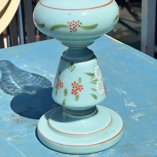 Vintage opaline oil lamp used with hand-painted floral decor 45x11.5 cm