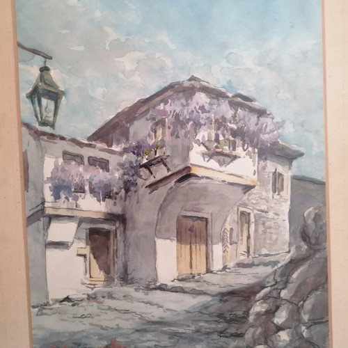 Watercolor painting of a village house in Thasos by Evangelos Klonaridis used