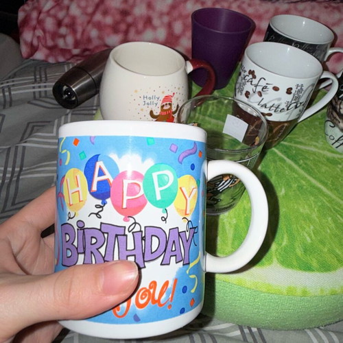 Mug and glass set like new with coffee, birthday, Nutella, Christmas designs