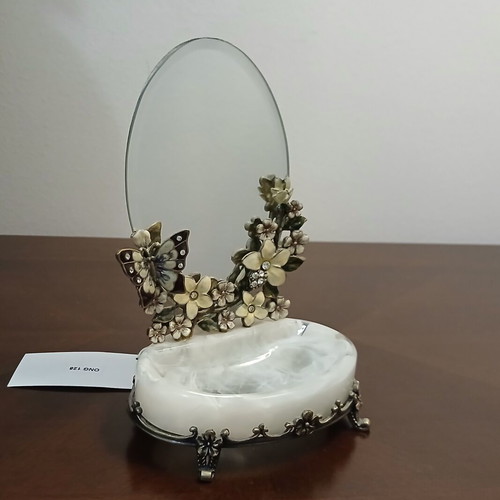 Brass jewelry box with mirror and enamel floral butterfly design