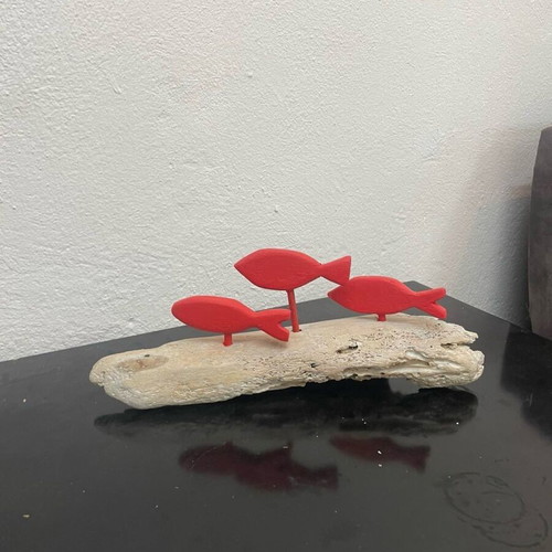 Red fish handmade with driftwood and pine wood base, new