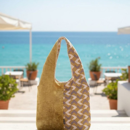 Geometric Double Shoulder Bag new, reversible mustard and velvet fabric