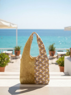 Geometric Double Shoulder Bag new, reversible mustard and velvet fabric