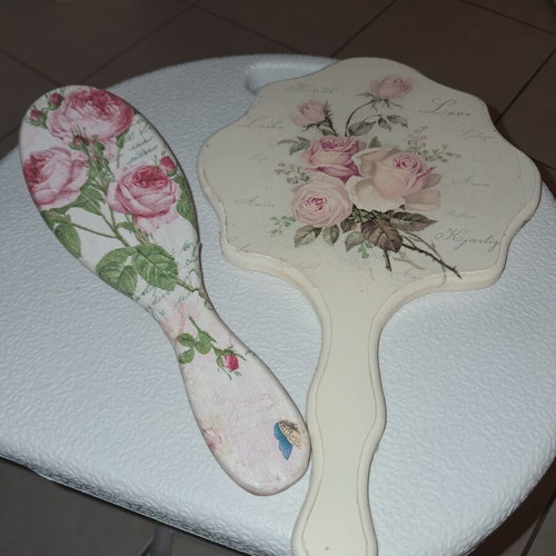 Vintage hand mirror and comb set, handmade