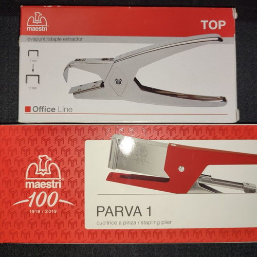 Romeo Maestri Parva 64 white hand stapler and Maestri Roma Top Chrome staple remover new