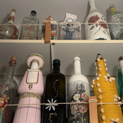 Decorated bottles with decoupage and hand paintings, set of 10, like new