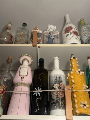 Decorated bottles with decoupage and hand paintings, set of 10, like new