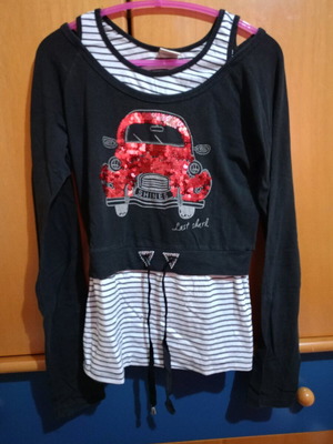 Last Shark Long Cotton Women's Off-Shoulder Blouse like new with stripes, prints and rhinestones