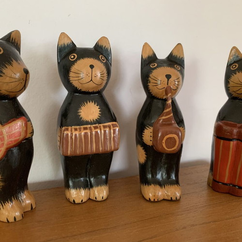 Wooden cat orchestra handmade, new, set of four figurines