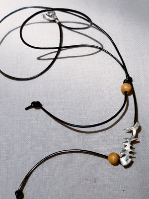 Fishbone silver 925 necklace with genuine leather, handmade